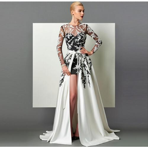 Tanpell Scoop Neck Evening Dress Long Sleeves Zipper-UP Appliques Sashes Court Train Women Party Gown Long Evening Dress