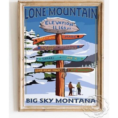 Montana Big Sky Travel Scenic Spot Publicity Poster, Lone Mountain Landscape Canvas Painting, Ski Destinations Sign Illustration