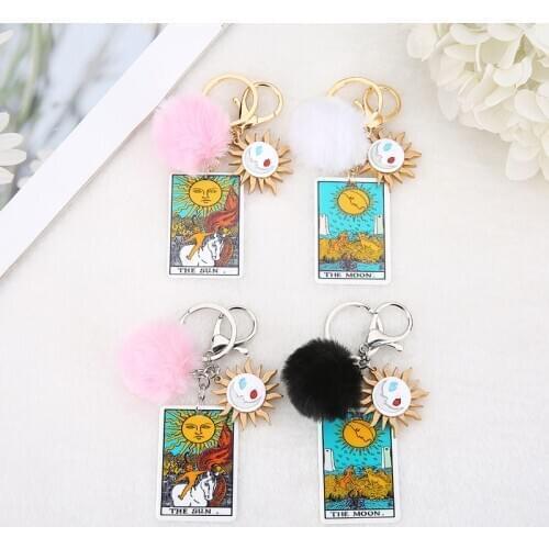 1PC Keyring Tarot Card Sun And Moon Acrylic With Puffer Ball For Men Women Keychain Trinket Car Key Ring Jewelry