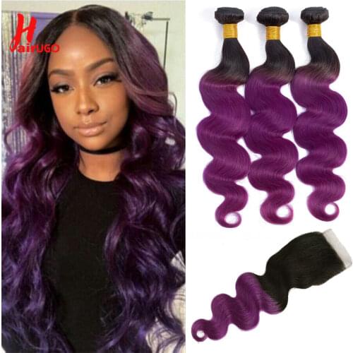 1B/Purple Human Hair Bundles With 4*4 Lace Closure Remy Ombre Malaysian Hair Bundle Body Wave HairUGo 100% Human Hair Extensions