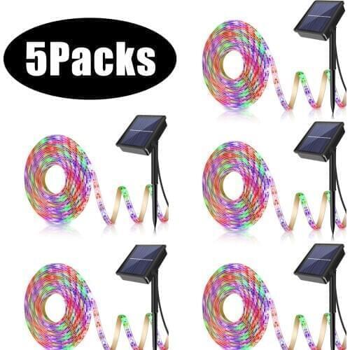 5pcs 5M RGB Solar Powered LED Light Strip 150 LEDs 2835 SMD Outdoor Waterproof IP65 Flexible Adjustable String Lights Tape Lamp