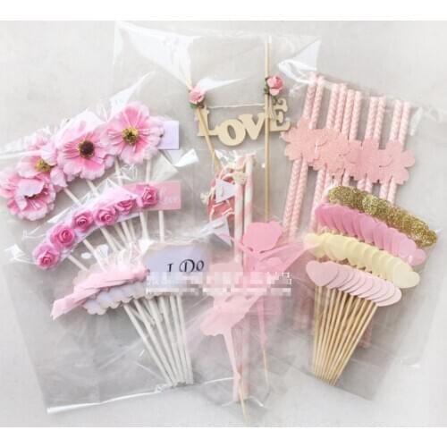 69pcs Pink flowers dancing girl wedding dessert table arrangement, flower Cupcake Toppers love creative propose table decoration