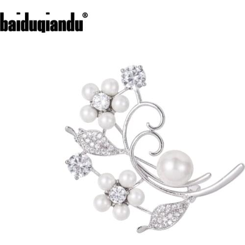 Baiduqiandu Shining Zircon Leaf Brooches with Pearls Silver and Gold 2 Colors Mosaic Rhinestone Pins broche for women