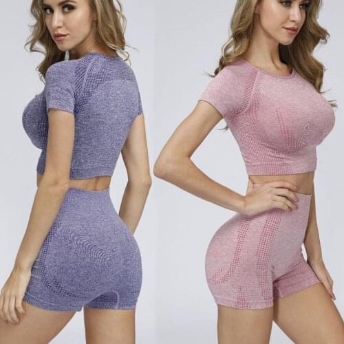 Seamless Yoga Set Sport Suit Fitness Clothes for Women Gym Set Short Sleeve Gym Crop Top High Waist Tight Shorts Sportswear