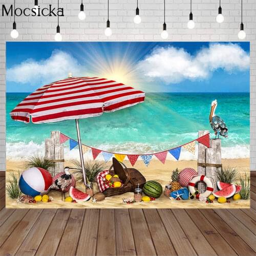 Mocsicka Summer BeachTropical Holiday Photography Backdrops Sunrise Background Sandbeach Ball Sunshade Decor Props Photo Studio