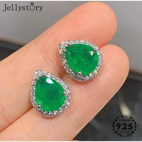 Jellystory S925 sterling silver jewelry set with water drop shape emerald necklace earrings for female wedding engagement party