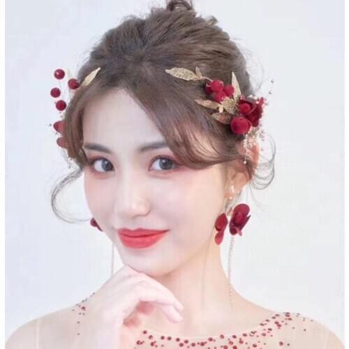 Wedding Red Flower Headbands Bridal Bridesmaid Jewelry Hairpins Hair Clips & Earring Engagement Banquet Party Hair Accessories