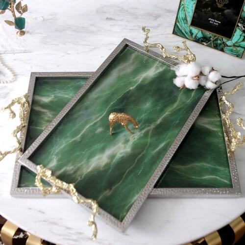 Creative Rectangular Green Agate Stone Texture Tray Luxury Decor Ornament Living Room Marble Table Storage Trays Serving Tray
