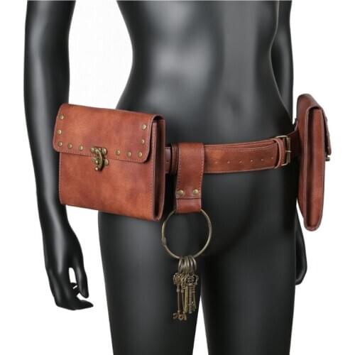 Creative Vintage Belt Leather Wallet Men Waist Pack Steampunk Double Pouch Bag Waterproof Mobile Phone Pouch Knight Cos