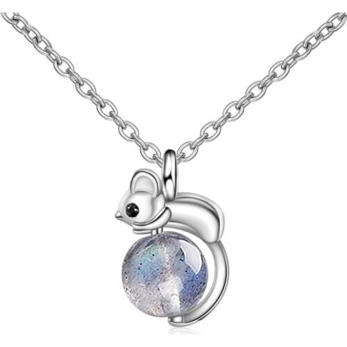 Cute Moonstone Mouse Pendant Necklace For Women Jewelry Bright Crystal Lady Choker Necklaces Silver 925 Female Accessories Gift