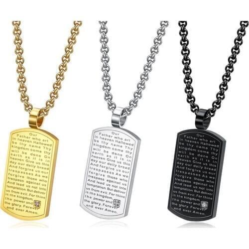 Silver Gold Color Bible Mens Necklace with "Our Father Whoart In Heaven" Dog Tag Pendant Religious Jewelry Military Necklace