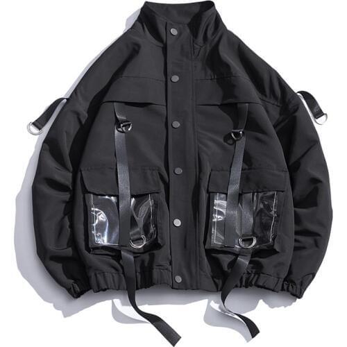 2019 Men Fashion Hi-street Mens Overalls Jacket Transparent Pocket Coat Loose-fitting Hip Hop Ins Couple Wind Jacket