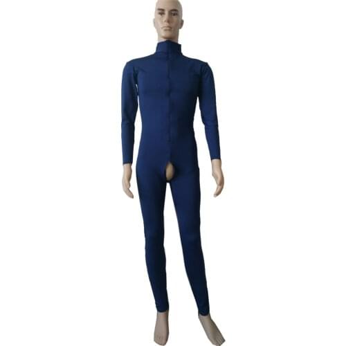 Navy blue color Lycra Spandex women men Unitard Catsuit front zipper without hood and gloves feet