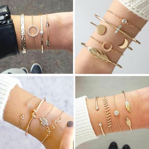 1 Set Classic Arrow Knot Round Crystal Multilayer Adjustable Open Bracelet Set Women Fashion Party Jewelry Multiple Styles