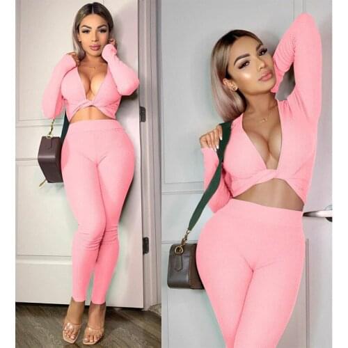 Autumn Jogging Suit Set For Women Long-sleeved V-neck Short Top + Bodycon High-waist Jogging Trousers Female Running Clothing