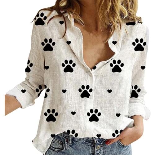 Linen Shirt Women Cute Claws Print Long Sleeve Button Tops Blouses Breathable Soft Tops Tunic Female Blusas Clothes