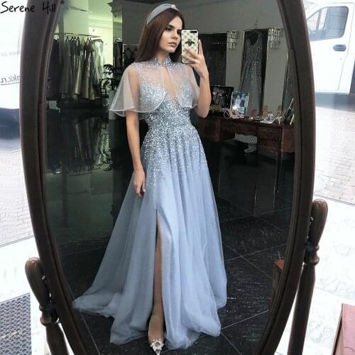 Serene Hill Grey A-Line Luxury Long Special Occasion Prom Dresses Gowns 2021 Beading Bling Sexy for Women Party BLA70672