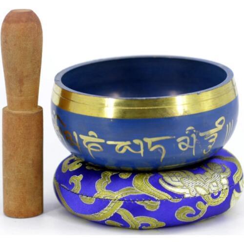 Silent Mind Tibetan Singing Bowl Set Blue Color Design With Dual Surface Mallet and Silk Cushion Promotes Peace