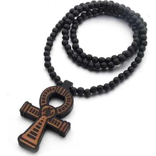 VOQ Vintage Wood Engraved Egyptian Ankh Pattern Pendant Beads Necklace for Women Men Homosexual Necklace New Jewelry Lover Gifts