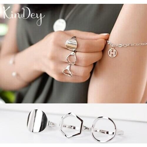Kindey Vintage Silver Color Hexagon Circle Rings Handmade Adjustable Size Rings For Men Women Open Finger Jewelry
