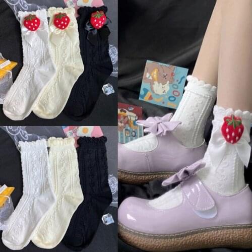 Japanese Student Women Ruffle Crew Socks Lolita Sweet Detachable Strawberry Bowknot Knitted Heart Pattern Kawaii Short Anklet Tu