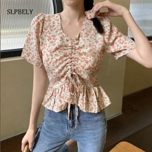 SLPBELY Women Floral Printed Crop Tops Summer Casual V-neck Ruffle Short Sleeves Korean Blouse Shirts Ladies Teeshirts Clothing
