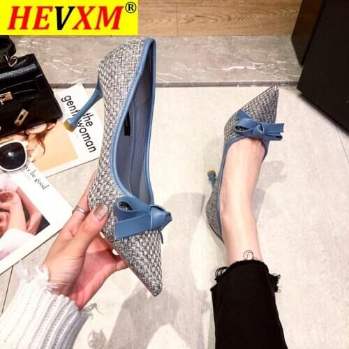 2021 Summer Fashion Women 8.5CM Thin High Heels Pumps Metal Bow Blue Pumps Pointed Toe Gray Pumps Lady Valentine Shoes