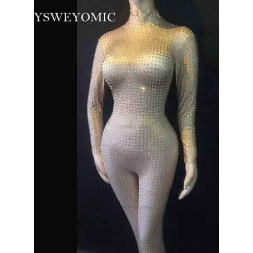 2019 Flashing Silver Rhinestones Jumpsuit Womens Birthday Celebrate Luxury Outfit Nightclub Women Singer Dance Outfit Romper