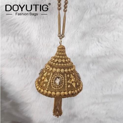 DOYUTIG Antique Gold Indian Style Womens Hand-Made Metal Clutches For Wedding Short Tassels Crystal Buckets Evening Bags F838