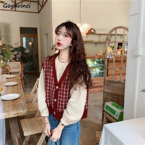 Sweater Vest Women Casual Retro Classic Plaid V-neck Knitting Korean Style All-match Streetwear Trendy Sleeveless Jumper Loose