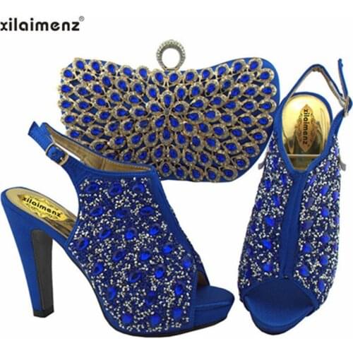 Fashion 2019 New Blue Color Rhinestone Woman Shoes And Matching Bag Set African Style Pumps Shoes And Bag Set For Party Wedding