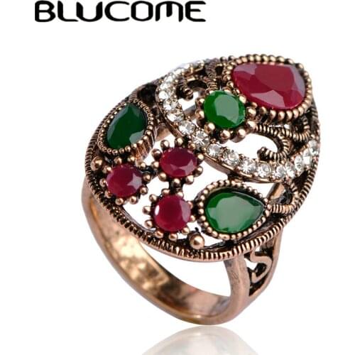 Blucome Clearance Vintage Style Drop Shaped Colorful Turkish Green Resin Ring Women Lady Wedding Dress Party Accessories Bijoux