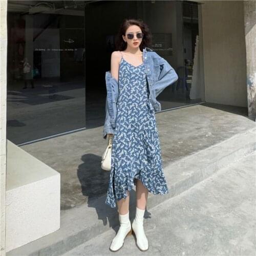 Korean Style 2021 Vintage Floral Four Seasons Bottoming Adjustable Strap Dress Temperament Waist-Controlled Slimming Midi Dress