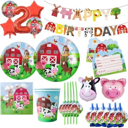 Farm Animals Theme Party Supplies Box Invitation Ceiling Hanging Straws Bags Cake Topper Bottle Label Banner Party Decoration