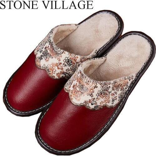 Winter Warm Plush Genuine Leather Slippers Men And Women Home Slippers Lovers Home Floor Anti-Slip Thick Bottom Indoor Shoes