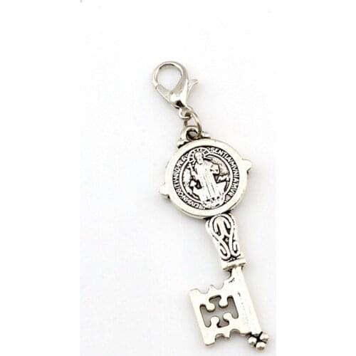 50pcs Zinc Alloy Saint Benedict Medal Cross Smqlivb Key Floating Lobster Clasps Charm Beads Religious Jewelry 16.5x55.2mm