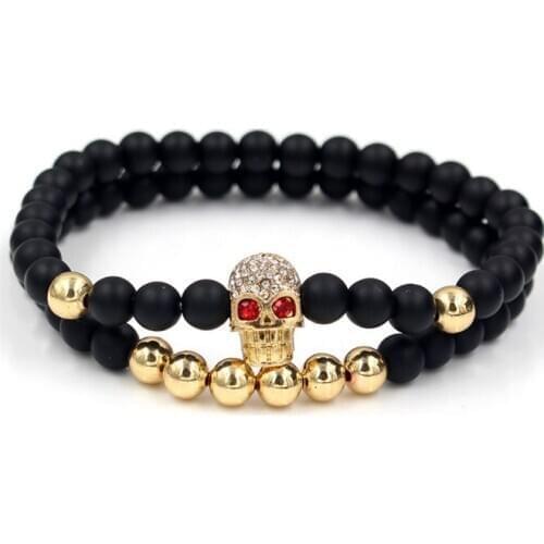 6mm 2PCS/Lot jj3 gold silver Copper cz zircon cubic zirconia elastic adjusted Charm nature stone skull agate Onyx Bracelet