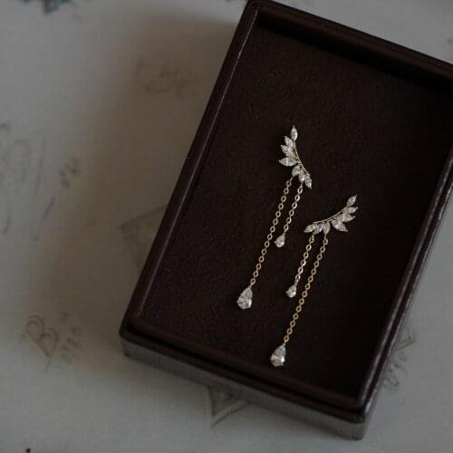 925 Sterling Silver Plated 14K Gold Long Tassel Feather Shiny Zircon Wedding Elegant Fashion Ear Stud Earrings for Women Gift