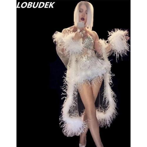 Bling Rhinestones White Feather Dress Lady Birthday Celebrate Dress Nightclub Party Singer Costume Sexy Crystals 2 Piece Outfit