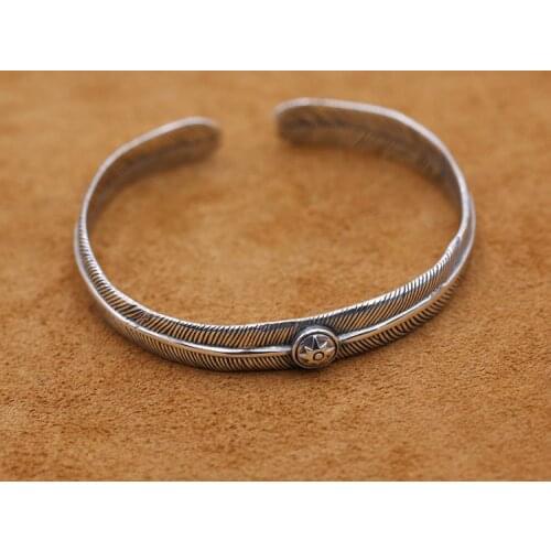 Solid 925 sterling Silver feather women MEN cuff bracelet bangle jewelry A5040