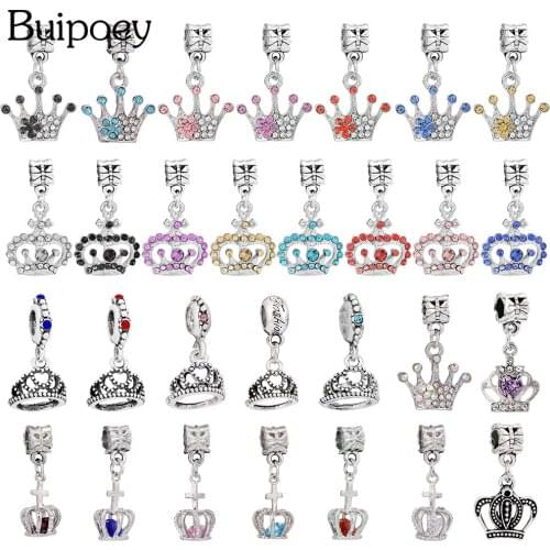 Buipoey 1pcs Multicolor Zircon Crown Charm Pendant Shiny Crystal Crown Hat Dangle Beads Fit Couple Bracelets Jewelry Accessory