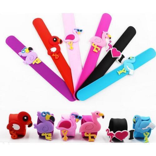 Jiangzimei 24pcs/lot Cartoon Flamingo bracelet Flexible Wrap Slap Wristband Bangle for Kid Children Girl Favourite party gift
