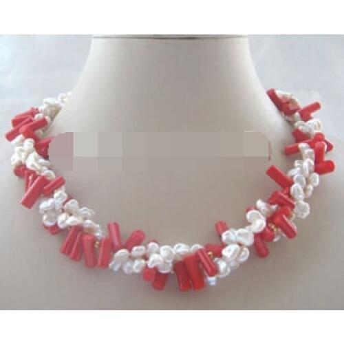 Huij 004723 3row white keshi reborn freshwater pearl & red coral necklace