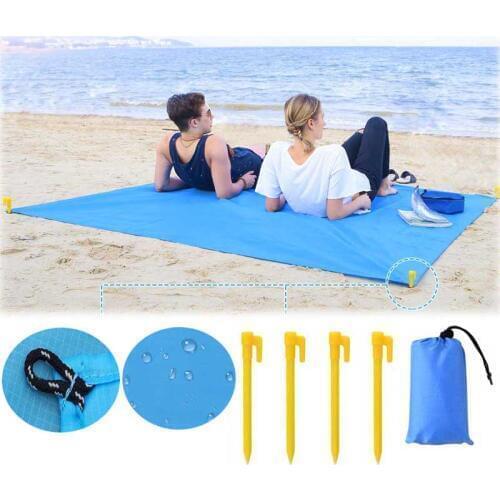 Pocket Waterproof Beach Blanket Folding Ground Mat Cover SandProof for Picnic Hiking Camping w/Tent Nail Storage Bag