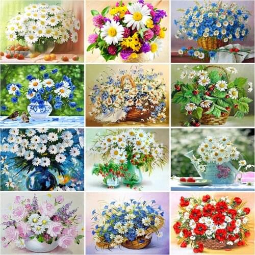 5D DIY Flower Daisy Basket Diamond Painting Cross Stitch Full Round Diamond Embroidery Mosaic Wall Art Home Decor