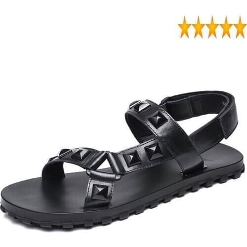 Summer Genuine Leather Sandals 2021 Men Personalized Beach Shoes Comfortable Rivet Antiskid Slides Male Casual Slippers Black