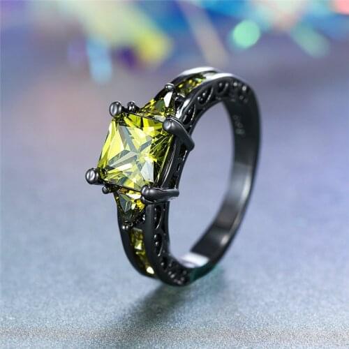 Cute Female Olive Green Square Stone Ring Vintage Black Gold Wedding Rings For Women Promise Love Engagement Ring
