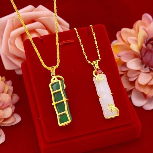 Fashion 14k Gold Necklace Pendant No Chain Womens Birthday Gift Bamboo Pendant Stone Green Emerald Jade Gemstone Jewelry Female