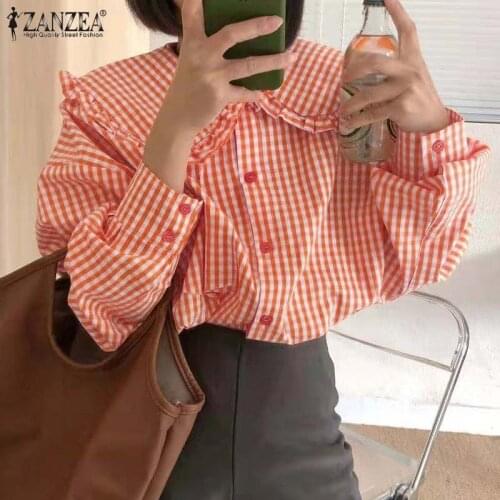 ZANZEA 2021 Fashion Autumn Shirts Womens Check Tops Casual Lapel Button Tops Female Puff Sleeve Tunic Plus Size Top Chemise