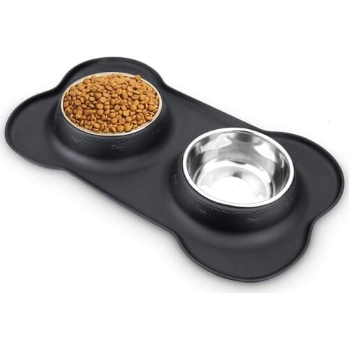 Antislip Double Dog Bowl With Silicone Mat Durable Stainless Steel Pet Feeding Drinking Water Bowl For Dogs Cats Pet Supplies